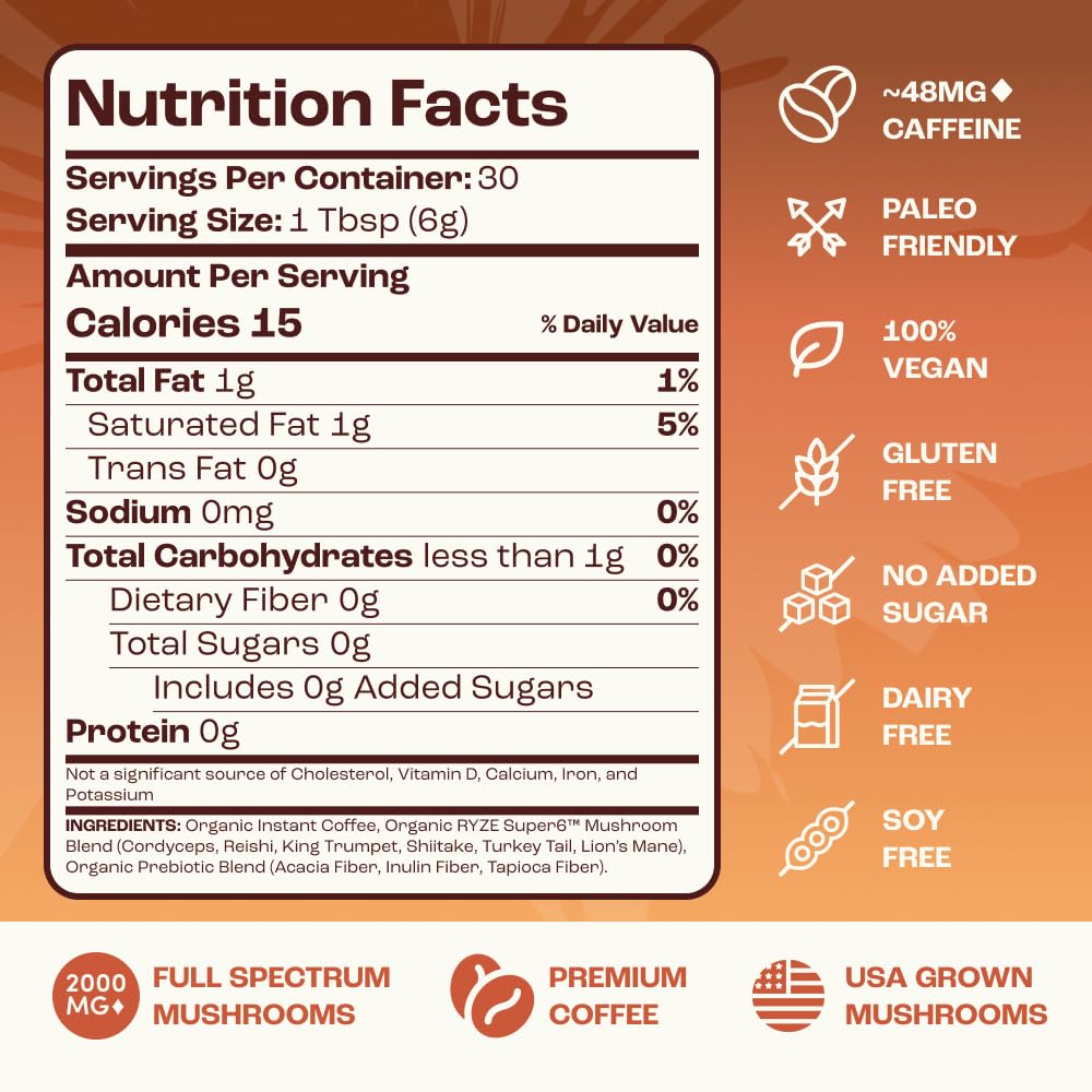 RYZE SUPERFOODS Mushroom Medium Roast Coffee USDA Organic with 6 Adaptogenic Mushrooms for Better Energy, Focus Digestion Immunity with Lions Mane & Turkey Tail 30 Pack of 1