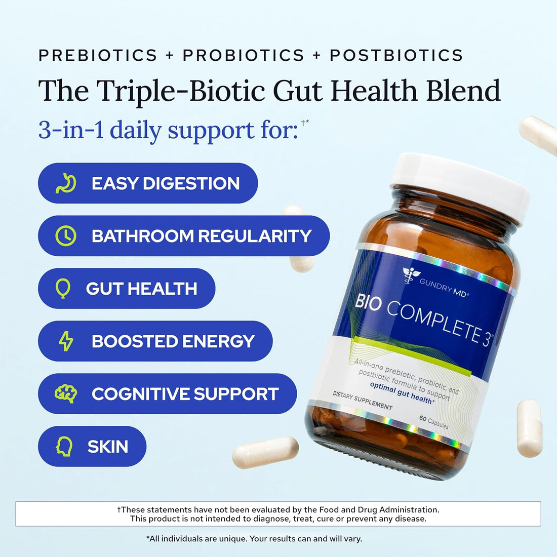Gundry MD® Bio Complete 3, 3-in-1 Probiotics for Gut Health, Probiotic Supplements for Digestion, Supplement Supporting Bloating, Gas, Food Cravings, Energy Levels, Skin, and Focus, 30 Day Supply